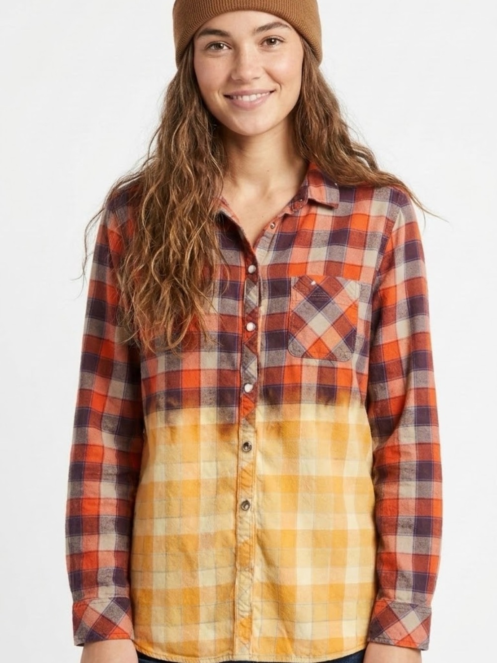 Upcycled “Fabulous Fall” Eddie Bauer Orange & Yellow Plaid Flannel Shirt